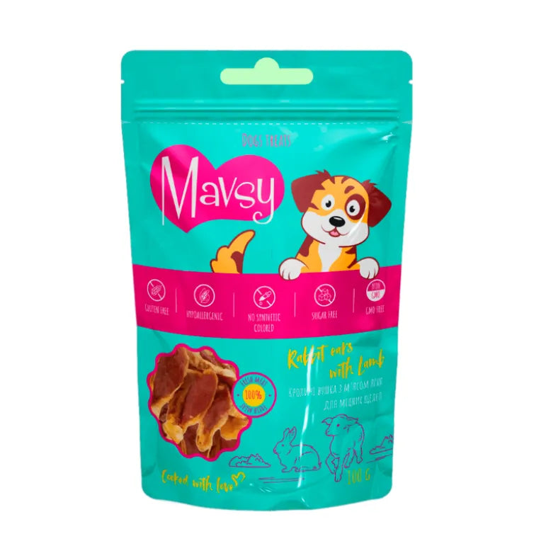 Лакомство Mavsy RABBIT EARS & LAMB с кроличьими ушками и ягненком, 100 г