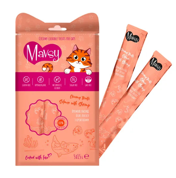 Лакомство кремовое для кошек Mavsy с филе лосося и креветками