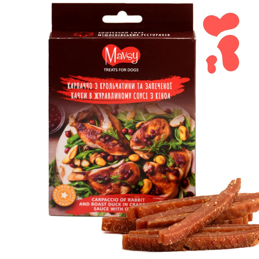 Лакомство для собак Mavsy Карпаччо из крольчатины и запеченной утки в клюквенном соусе, 100 г